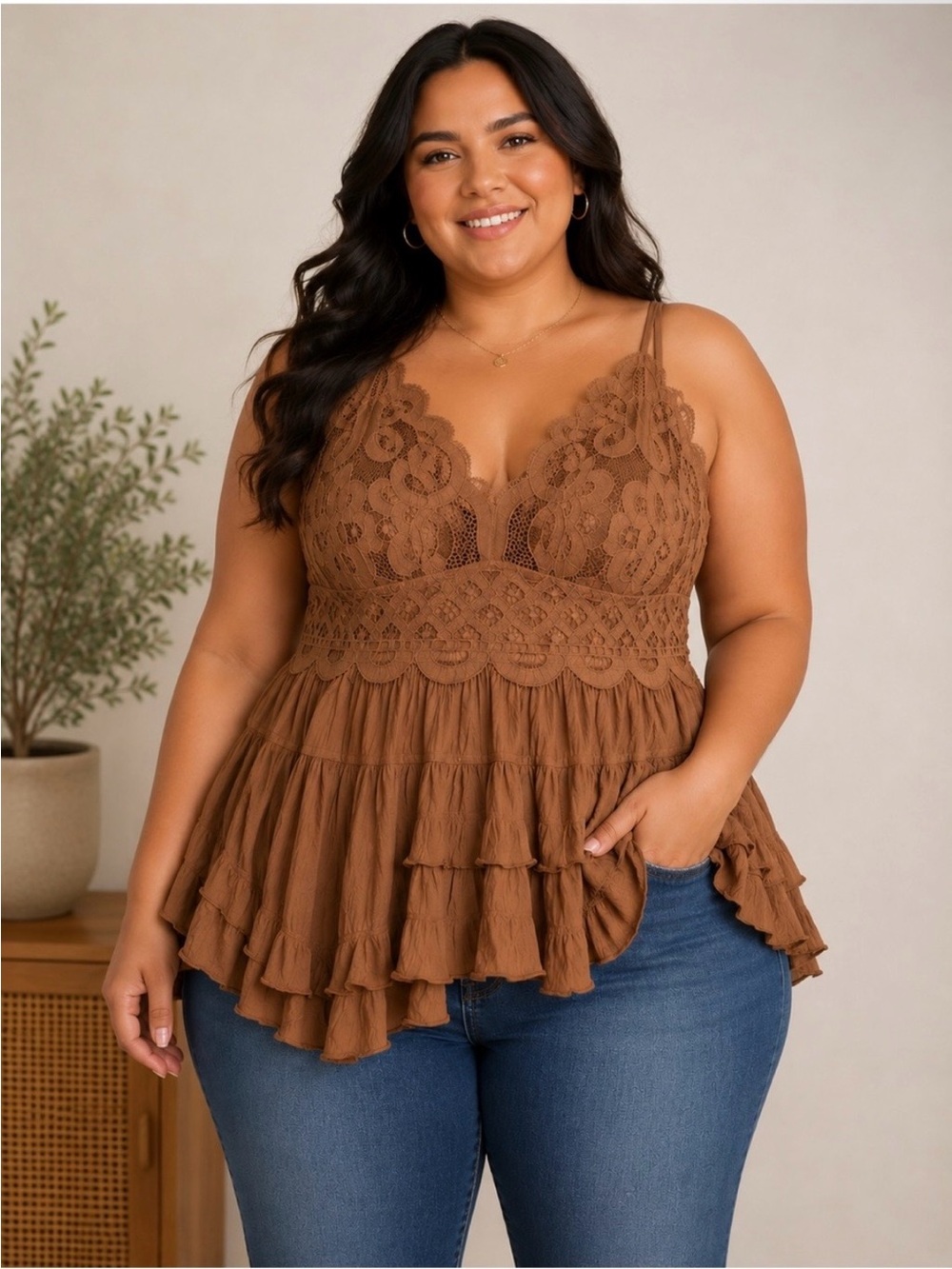 Zenana Outfitters Brown Lace Trim Ruffle Peplum Cami